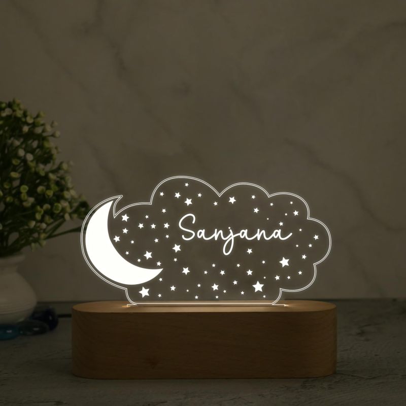 Personalized Name Night Lamp with Warm White Color Moon & Cloud Design Lamp Return and Birthday Gift for Kids, Friends and Room Decor Lamp