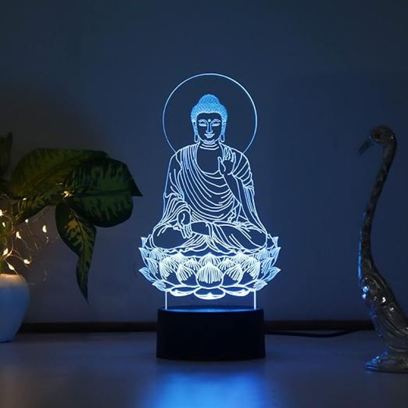 3D Illusion Buddha Led Night Lamp 16 Color Changing Light with Remote Control Home Office Pooja Room Decor Light Circle Base