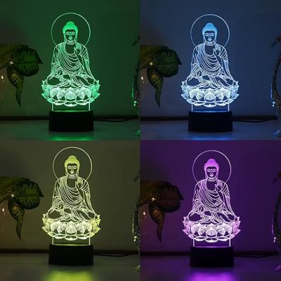 3D Illusion Buddha Led Night Lamp 16 Color Changing Light with Remote Control Home Office Pooja Room Decor Light Circle Base
