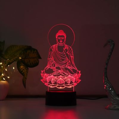 3D Illusion Buddha Led Night Lamp 16 Color Changing Light with Remote Control Home Office Pooja Room Decor Light Circle Base