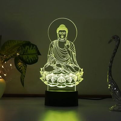 3D Illusion Buddha Led Night Lamp 16 Color Changing Light with Remote Control Home Office Pooja Room Decor Light Circle Base