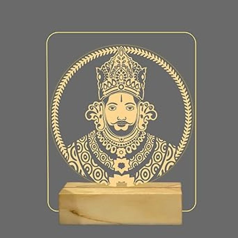 3D Illusion Khatu Shyam Ji Night Lamp with Warm White Color Home & Temple Decor Light Wooden Base