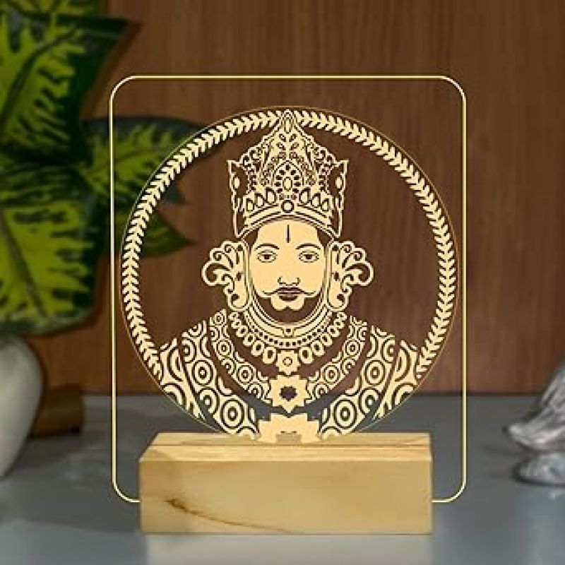 3D Illusion Khatu Shyam Ji Night Lamp with Warm White Color Home & Temple Decor Light Wooden Base
