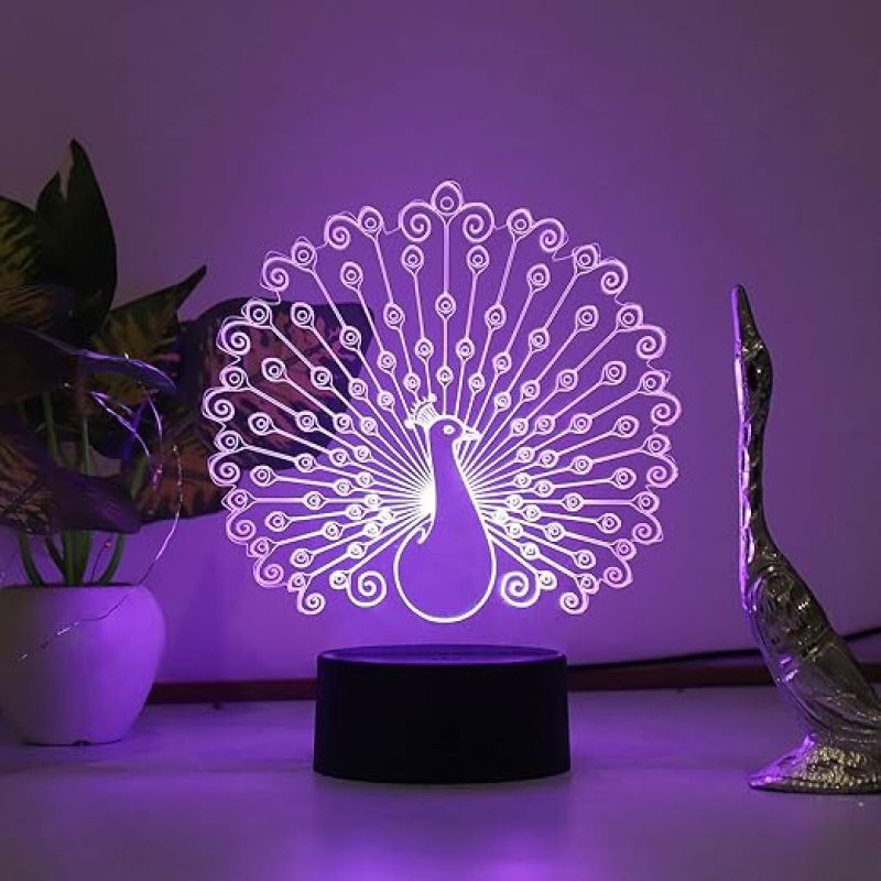 3D Optical Peacock Led Night Lamp 16 Color Changing Light with Remote Control Home Decor Lamp Wooden Base