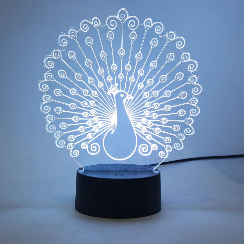 3D Optical Peacock Led Night Lamp 16 Color Changing Light with Remote Control Home Decor Lamp Wooden Base