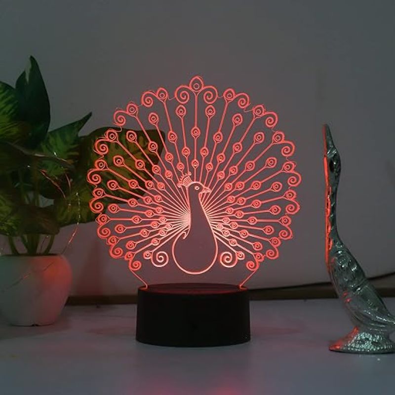 3D Optical Peacock Led Night Lamp 16 Color Changing Light with Remote Control Home Decor Lamp Wooden Base