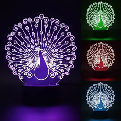 3D Optical Peacock Led Night Lamp 16 Color Changing Light with Remote Control Home Decor Lamp Wooden Base