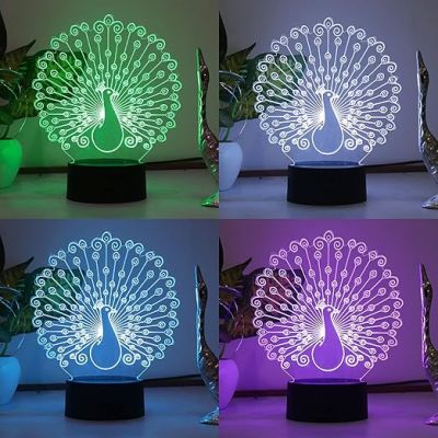 3D Optical Peacock Led Night Lamp 16 Color Changing Light with Remote Control Home Decor Lamp Wooden Base