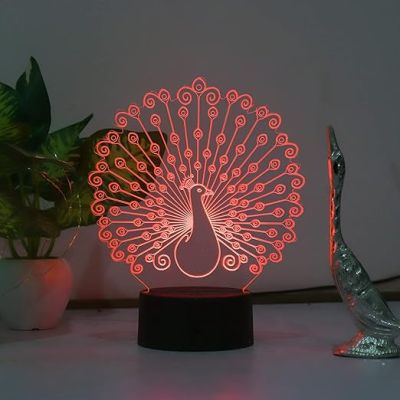 3D Optical Peacock Led Night Lamp 16 Color Changing Light with Remote Control Home Decor Lamp Wooden Base