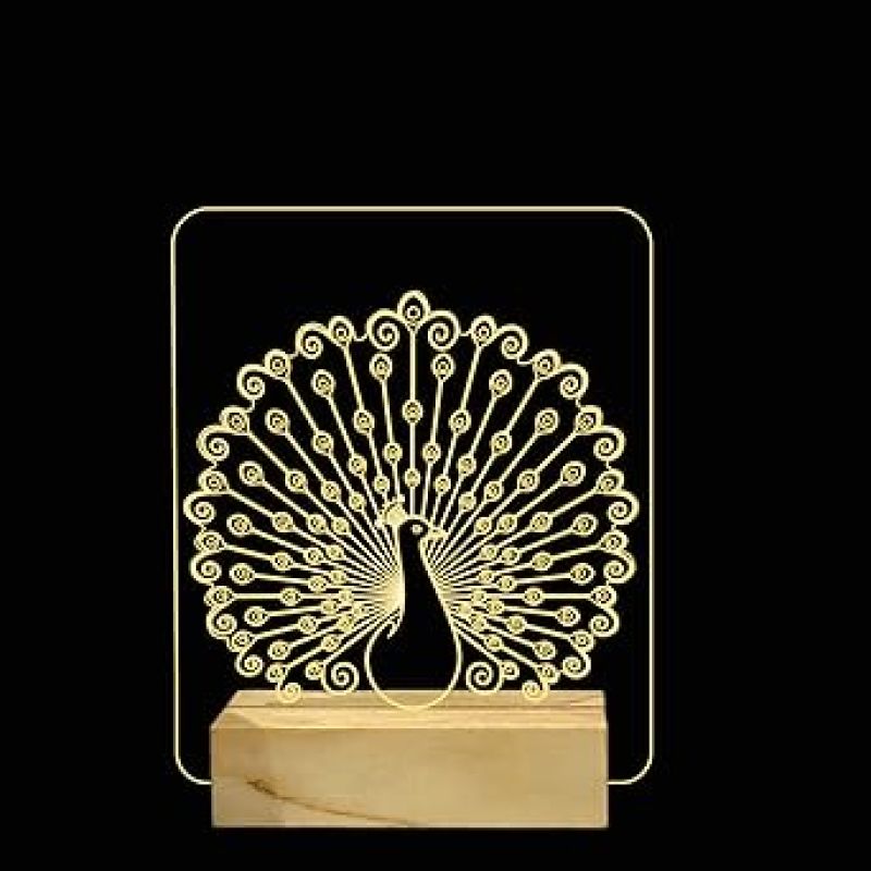 3D Optical Peacock Night Lamp with Warm White Color Home Decor Lamp Wooden Base