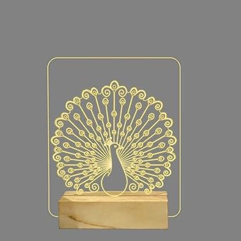 3D Optical Peacock Night Lamp with Warm White Color Home Decor Lamp Wooden Base