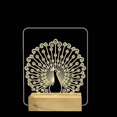 3D Optical Peacock Night Lamp with Warm White Color Home Decor Lamp Wooden Base