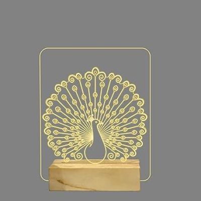 3D Optical Peacock Night Lamp with Warm White Color Home Decor Lamp Wooden Base