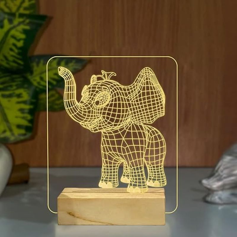 3D Optical Elephant Night Lamp with Warm White Color Birthday Gift for Children Wooden Base