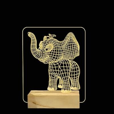 3D Optical Elephant Night Lamp with Warm White Color Birthday Gift for Children Wooden Base