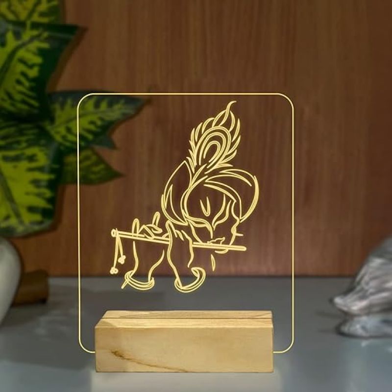Lord Krishna Night Lamp with Warm White Color Temple Decor Lamp Wooden Base