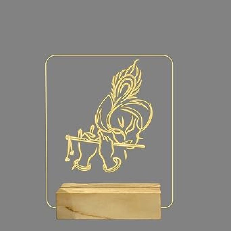Lord Krishna Night Lamp with Warm White Color Temple Decor Lamp Wooden Base