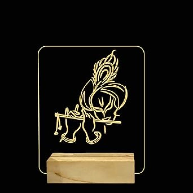 Lord Krishna Night Lamp with Warm White Color Temple Decor Lamp Wooden Base