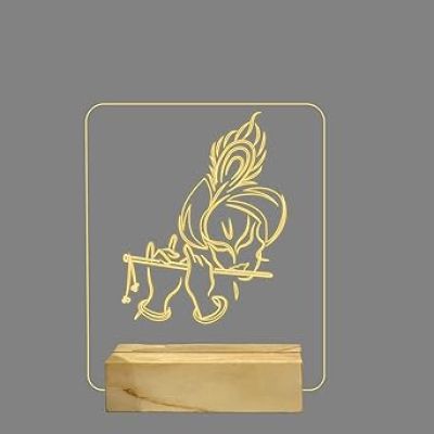 Lord Krishna Night Lamp with Warm White Color Temple Decor Lamp Wooden Base