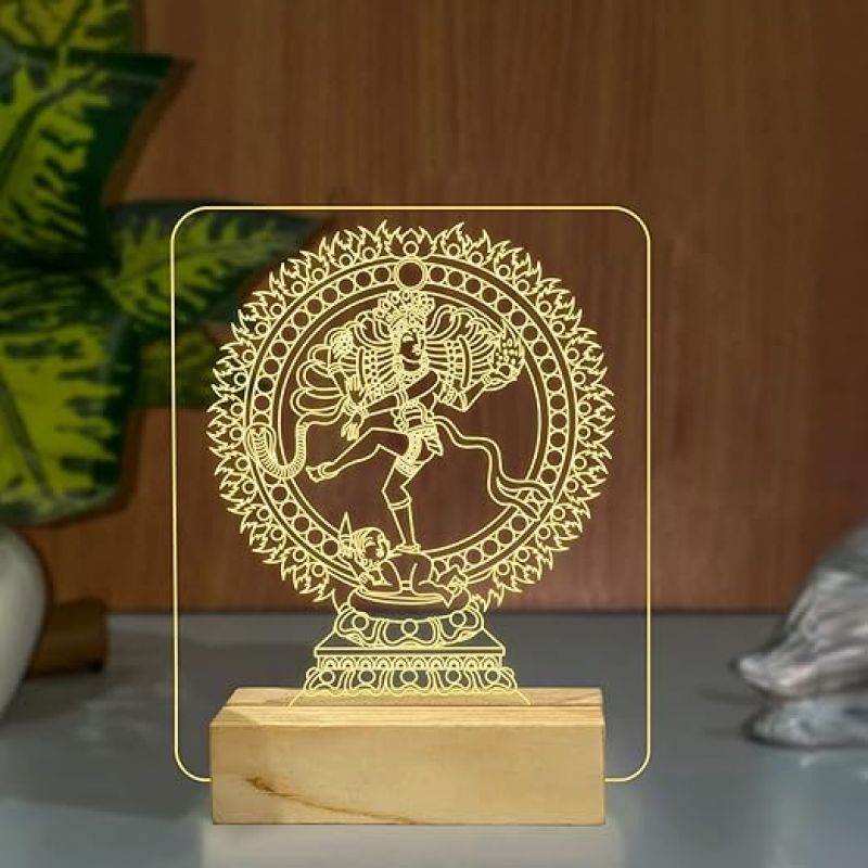 3D Illusion Shiva Natraj Night Lamp with Warm White Color Home Office Pooja Room Decor Wooden Base