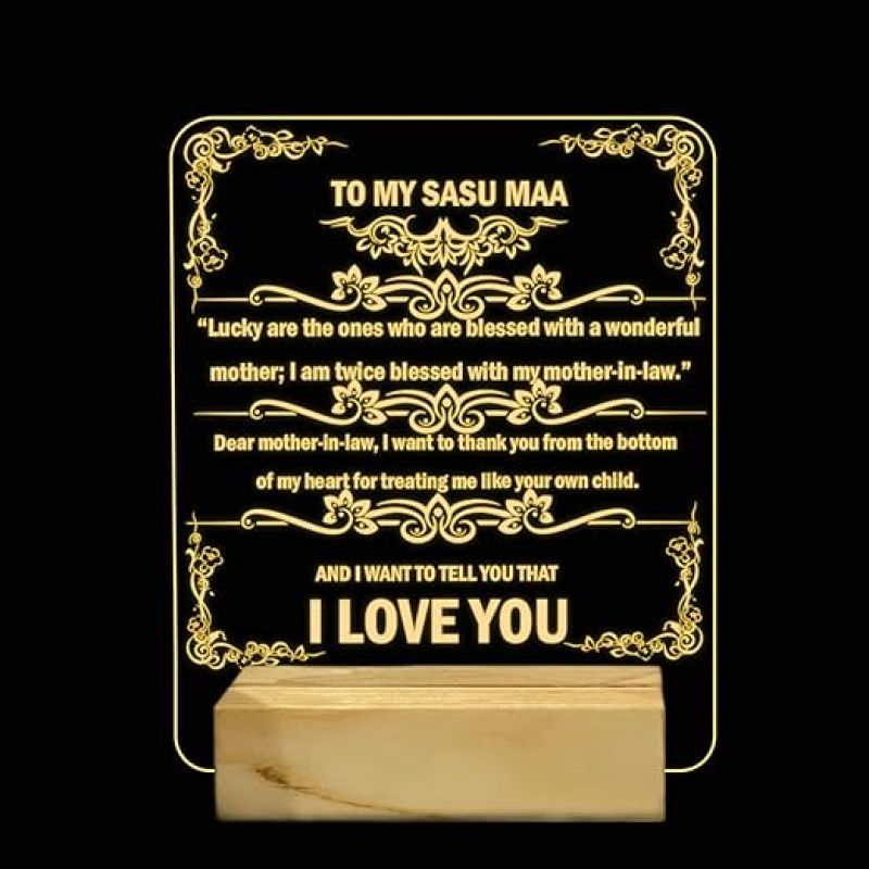 To My Sasu Maa English Quote Night Lamp with Warm White Color Gift for Mother in Law on Her Birthday Wooden Base