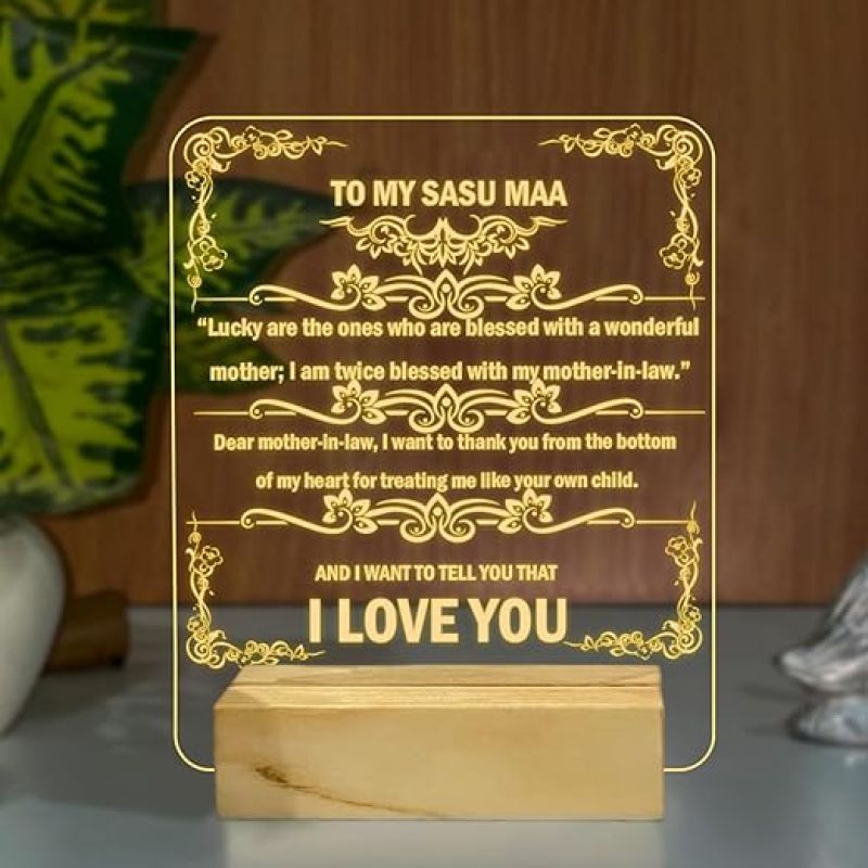 To My Sasu Maa English Quote Night Lamp with Warm White Color Gift for Mother in Law on Her Birthday Wooden Base