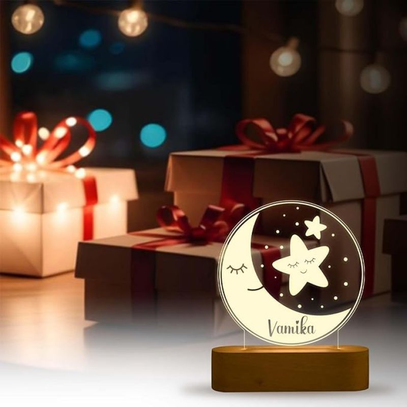 Personalized Name Night Lamp with Warm White Color Moon & Star Design Lamp Birthday Gift for Kids, Friend