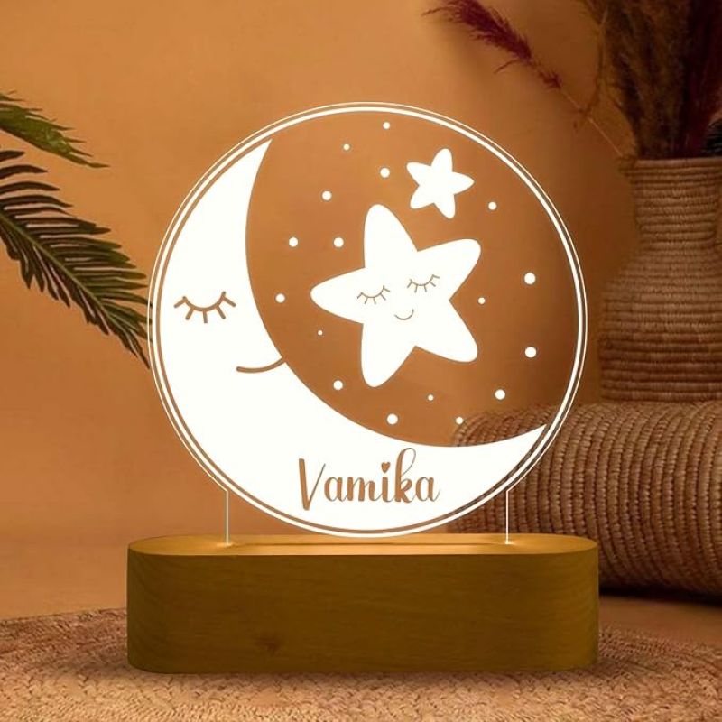 Personalized Name Night Lamp with Warm White Color Moon & Star Design Lamp Birthday Gift for Kids, Friend
