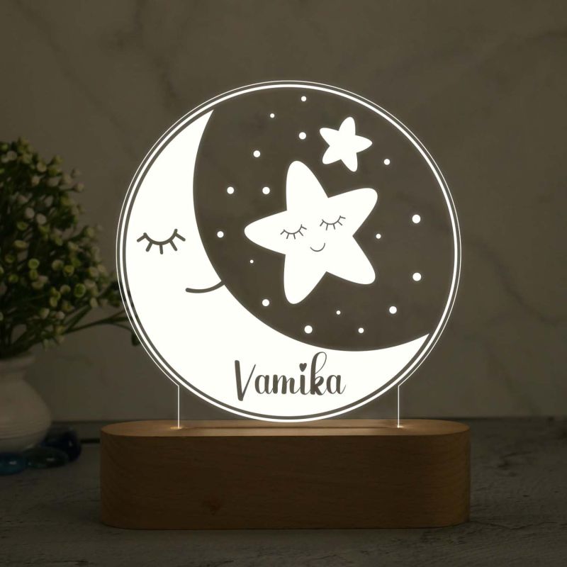 Personalized Name Night Lamp with Warm White Color Moon & Star Design Lamp Birthday Gift for Kids, Friend