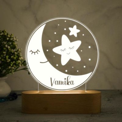 Personalized Name Night Lamp with Warm White Color Moon & Star Design Lamp Birthday Gift for Kids, Friend
