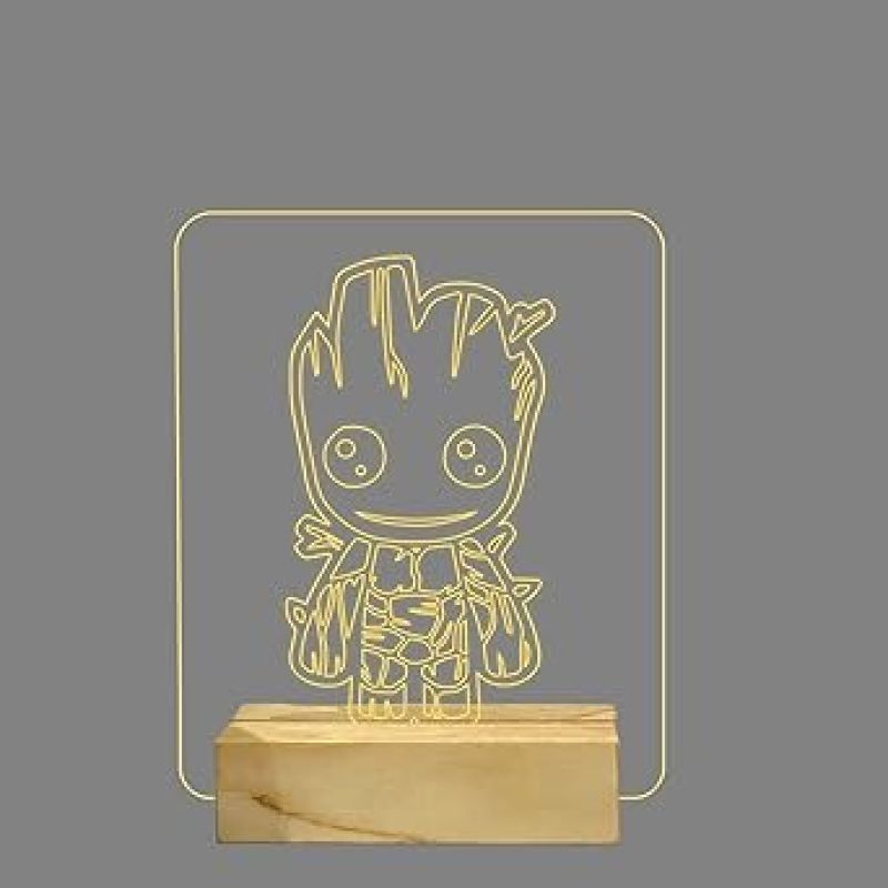 3D Cute Groot Night Lamp with Warm White Color Birthday Gifts Kids and Kid Room Decor Wooden Base