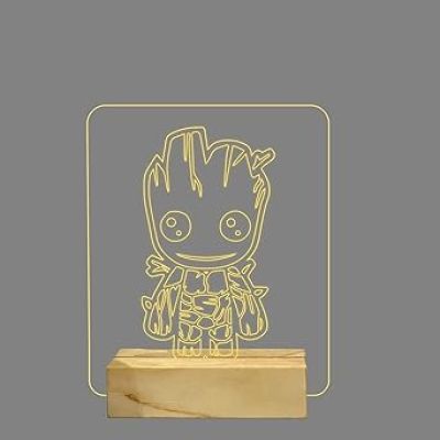3D Cute Groot Night Lamp with Warm White Color Birthday Gifts Kids and Kid Room Decor Wooden Base