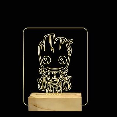 3D Cute Groot Night Lamp with Warm White Color Birthday Gifts Kids and Kid Room Decor Wooden Base