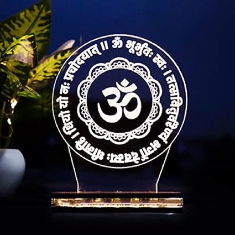 3D Om Gayatri Mantra Hindi Text Led Night Lamp with Warm White Color Pooja Room Decor