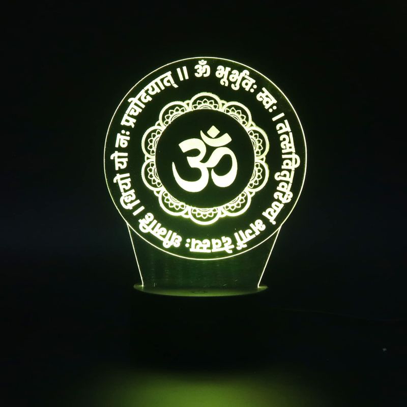 3D Om Gayatri Mantra Hindi Text Led Night Lamp 7 Color Changing Light Pooja Room Decor BaseCircle