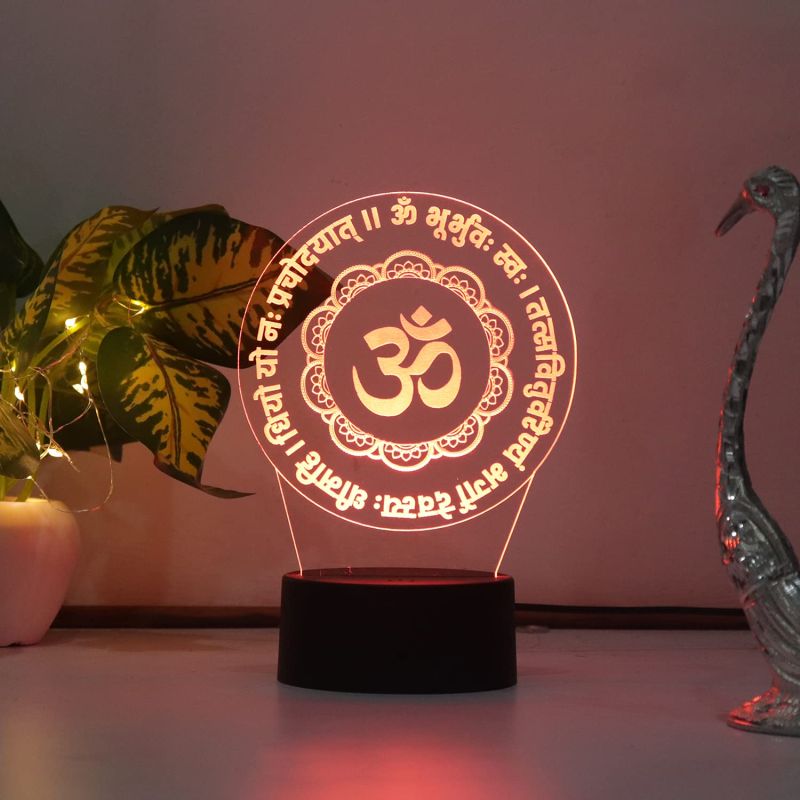 3D Om Gayatri Mantra Hindi Text Led Night Lamp 7 Color Changing Light Pooja Room Decor BaseCircle