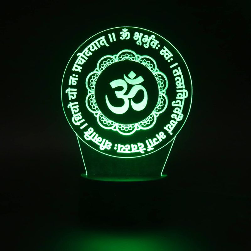 3D Om Gayatri Mantra Hindi Text Led Night Lamp 7 Color Changing Light Pooja Room Decor BaseCircle
