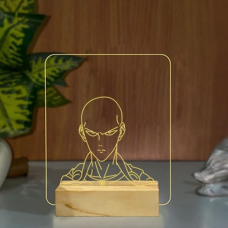 3D Illusion Punch Man Night Lamp with Warm White Color Gift For Anime Lover Wooden Base
