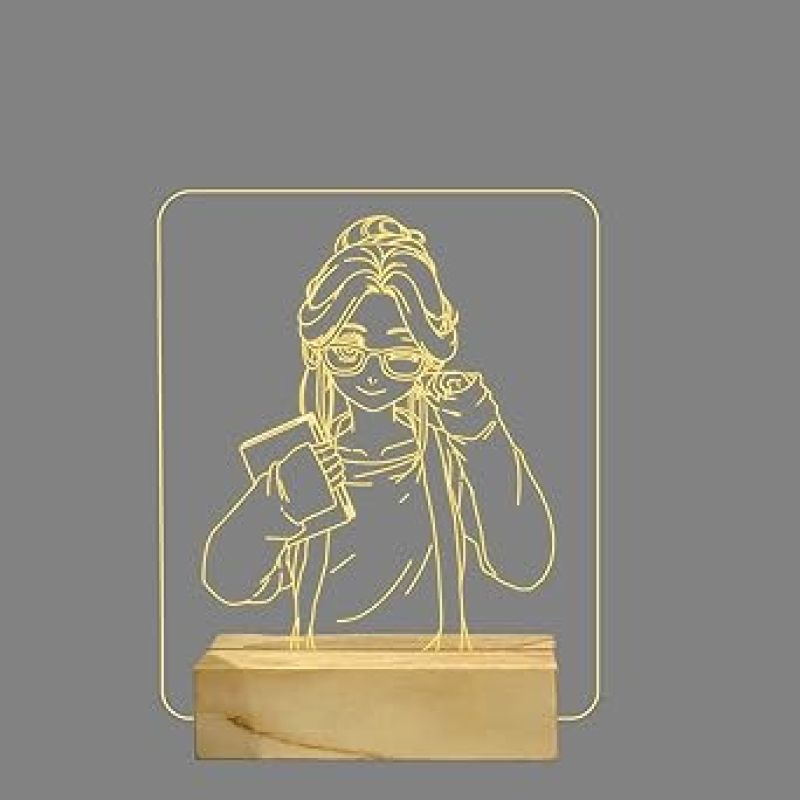 3D Girl Anime Night Lamp with Warm White Color Birthday Gifts for Girl Wooden Base