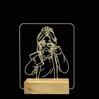 3D Girl Anime Night Lamp with Warm White Color Birthday Gifts for Girl Wooden Base
