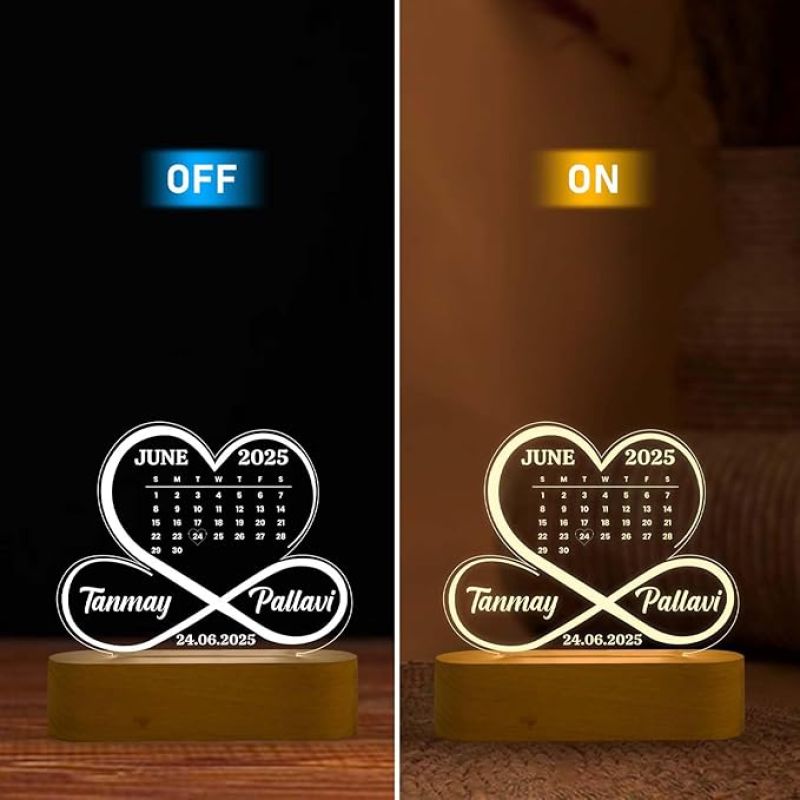 Personalized Heart Infinity Design Night Lamp with Warm White Color Customized with Person Name, Month & Date Gift For Anniversary Gift For Bhaiya Bhabhi Girlfriend Boyfriend