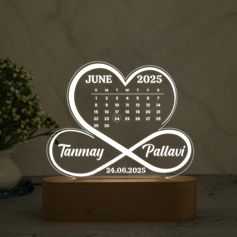 Personalized Heart Infinity Design Night Lamp with Warm White Color Customized with Person Name, Month & Date Gift For Anniversary Gift For Bhaiya Bhabhi Girlfriend Boyfriend