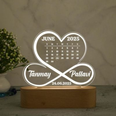 Personalized Heart Infinity Design Night Lamp with Warm White Color Customized with Person Name, Month & Date Gift For Anniversary Gift For Bhaiya Bhabhi Girlfriend Boyfriend