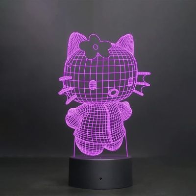 3D Illusion Hello Kitty Led Night Lamp 7 Color Changing Light Best Gift for Children Girls Gift for Cartoon Lover Circle Base