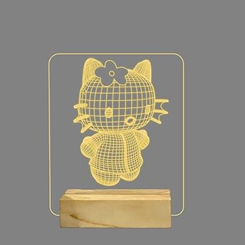 3D Illusion Hello Kitty Night Lamp with Warm White Color Best Gift for Children Girls Gift for Cartoon Lover Wooden Base