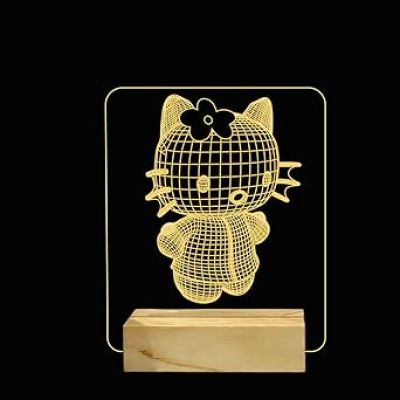 3D Illusion Hello Kitty Night Lamp with Warm White Color Best Gift for Children Girls Gift for Cartoon Lover Wooden Base