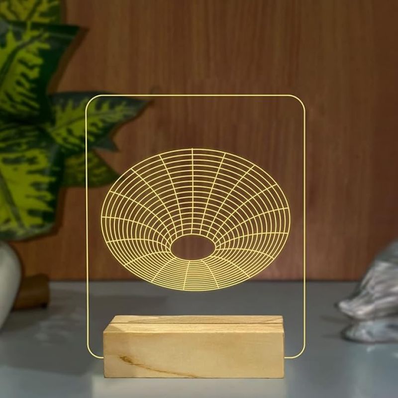 3D Illusion Wireframe Shape Night Lamp with Warm White Color Home Decoration Light Wooden Base