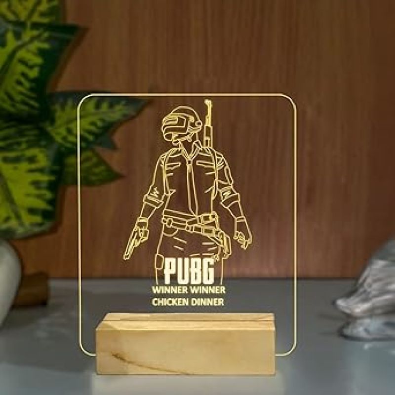 PUBG Night Lamp with Warm White Color Gift For PUBG Lover & Game Room Decor Wooden Base