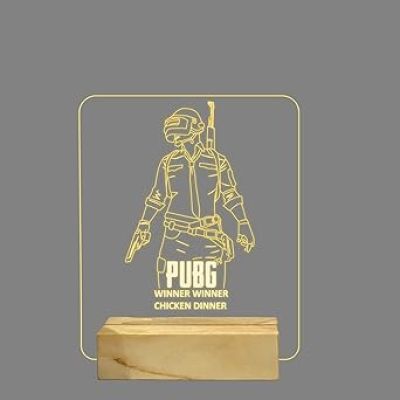 PUBG Night Lamp with Warm White Color Gift For PUBG Lover & Game Room Decor Wooden Base