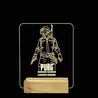 PUBG Night Lamp with Warm White Color Gift For PUBG Lover & Game Room Decor Wooden Base